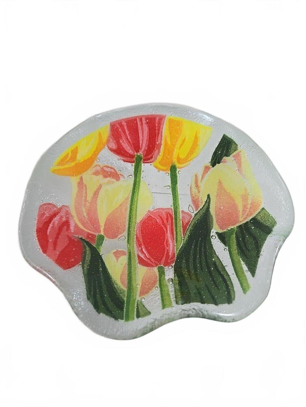 Vintage PEGGY KARR Fused Art Glass Tulip Flowers 9" Bowl, Ruffled Edge